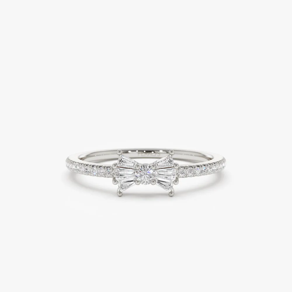 14k Baguette and Round Diamond Bow Ring