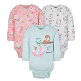 3-Pack Baby Girls Fox Long Sleeve Onesies® Bodysuits