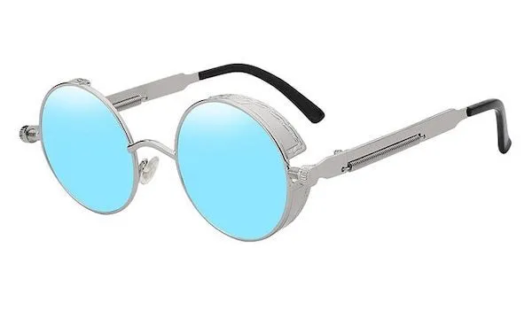 Classy Men Blue Silver Round Vintage Sunglasses