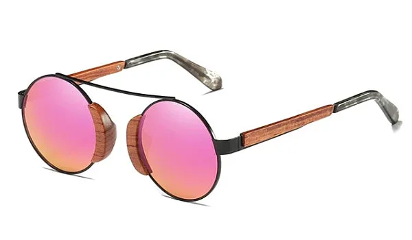 Classy Men Pink Round Wood Sunglasses