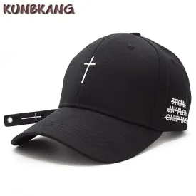 Cross Belt Baseball Cap Black Embroidery Letter Snapback Hat