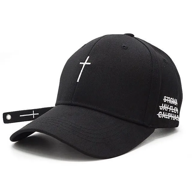 Cross Belt Baseball Cap Black Embroidery Letter Snapback Hat