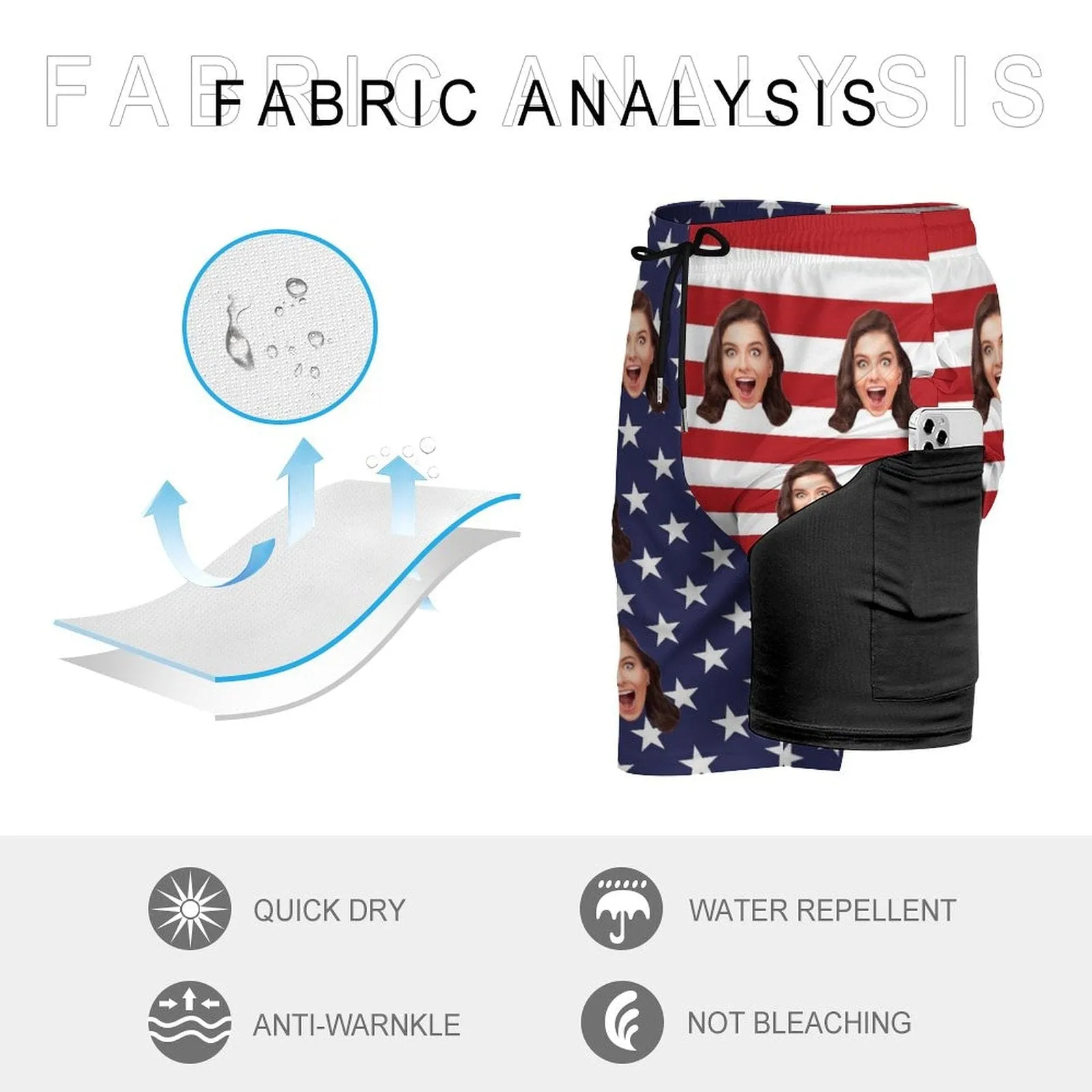 Custom Face USA Flag Men's Quick Dry 2 in 1 Surfing & Beach Shorts Male Gym Fitness Shorts