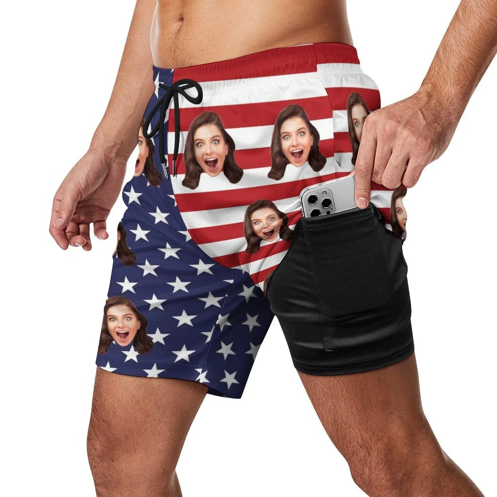 Custom Face USA Flag Men's Quick Dry 2 in 1 Surfing & Beach Shorts Male Gym Fitness Shorts