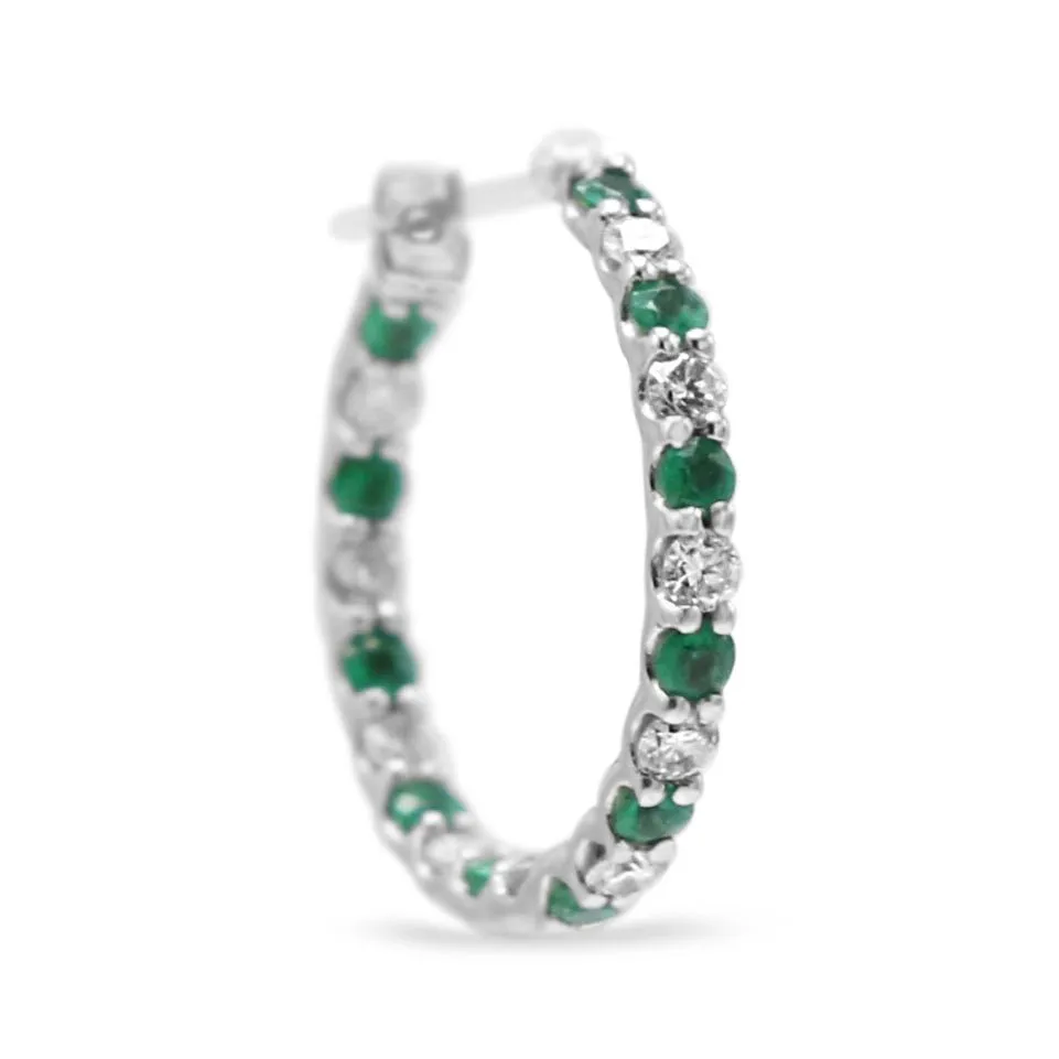 Diamond And Emerald 18ct White Gold Hoop Earrings