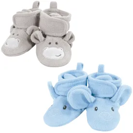 Hudson Baby Animal Fleece Booties 2-Pack, Blue Elephant Hippo