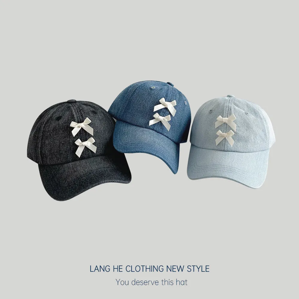 Lace bow denim baseball cap women's style face-showing small washed soft-top peaked summer sun protection hat