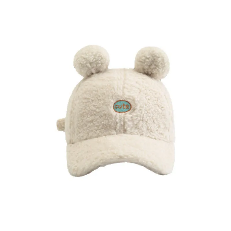 Lamb's wool baseball cap for women  cartoon cute bear ears peaked cap casual versatile warm hat for women trendy