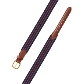 Navy & Thin Orange Stripe Grosgrain Ribbon Leather Tab Belt