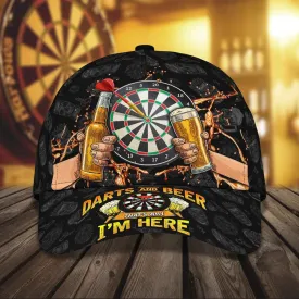 Personalized Dart & Beer I'm Here 3D Baseball Cap, Dart Hat for Man Dart Lovers, 3D All Over Printed Dart Hat for Husband