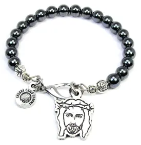 Portrait Of Jesus With Crown Of Thorns Hematite Glass Bracelet