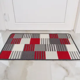 Red Grey Geometric Washable Rug