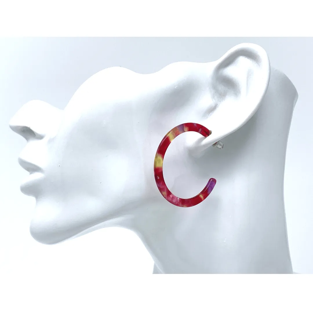 Red Marbled Resin Hoop Earrings