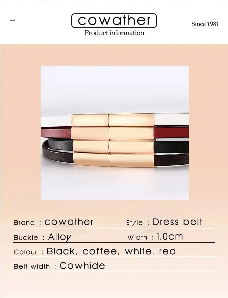 Thin Leather Belt for Women - Premium Cowhide, 1.0cm Width, Solid Pattern